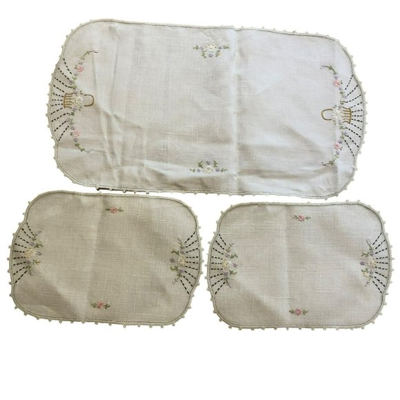 Embroidered Dresser Scarf Set 3 Floral Basket MCM Cottagecore - Picture 1 of 6